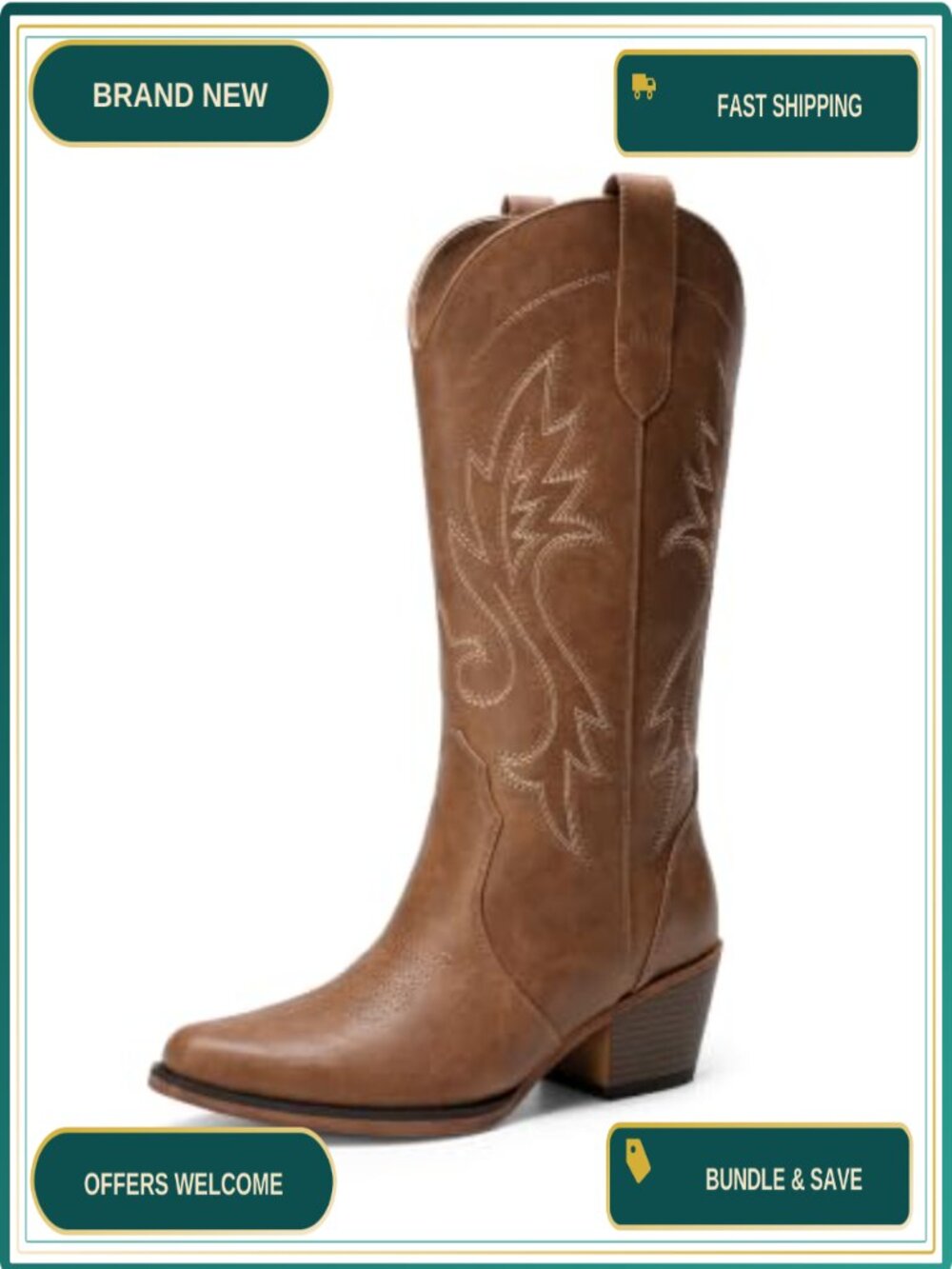 Cowgirl Western Boots Mid-Calf Narrow Square Toe Faux Leather Embroidered